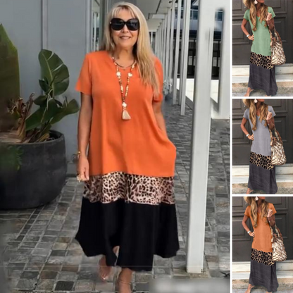 Luźna kolorowa patchworkowa sukienka z krótkim rękawem